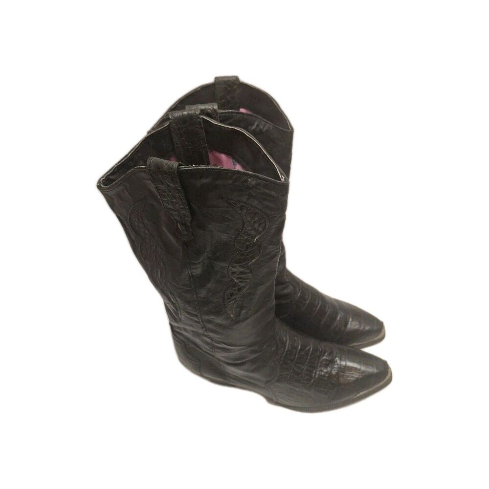 Vintage Dingo Boots Womens 7.5 Black Leather Western Faux Snakeskin Slouch #8219